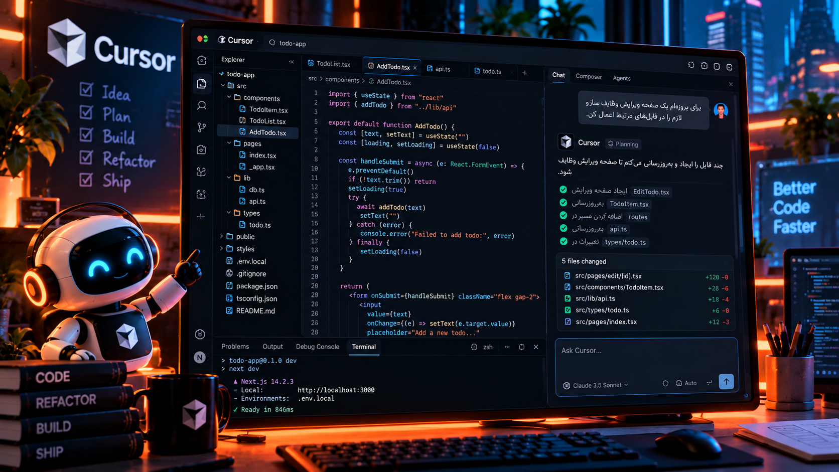 تصویری از محیط Cursor برای توسعه نرمافزار که در آن یک پروژه Todo با React و TypeScript نمایش داده شده و عامل کدنویسی Cursor با دریافت درخواست کاربر، چند فایل پروژه را برای ایجاد قابلیت ویرایش وظایف تغییر داده و فهرست تغییرات اعمالشده و اجرای موفق پروژه را نشان میدهد.