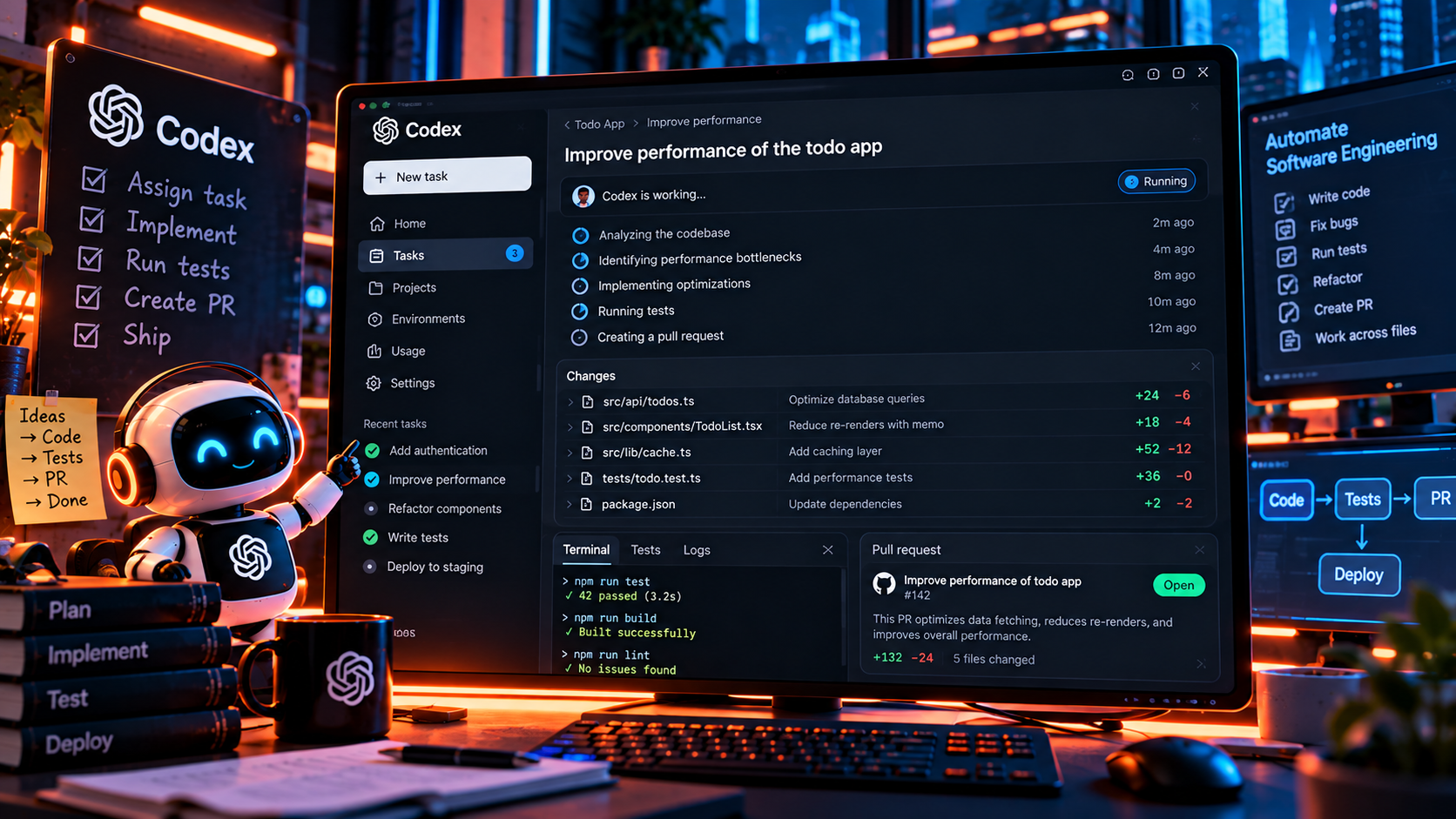 تصویری از محیط Codex برای توسعه نرمافزار که در آن یک وظیفه بهبود عملکرد برنامه Todo در حال اجراست؛ Codex کد پروژه را تحلیل کرده، گلوگاههای عملکردی را شناسایی و بهینهسازیها را اعمال میکند، تستها را اجرا میکند و یک Pull Request شامل تغییرات چند فایل ایجاد کرده است. همچنین موفقیت ۴۲ تست، ساخت پروژه و بررسی بدون خطا نمایش داده شده است
