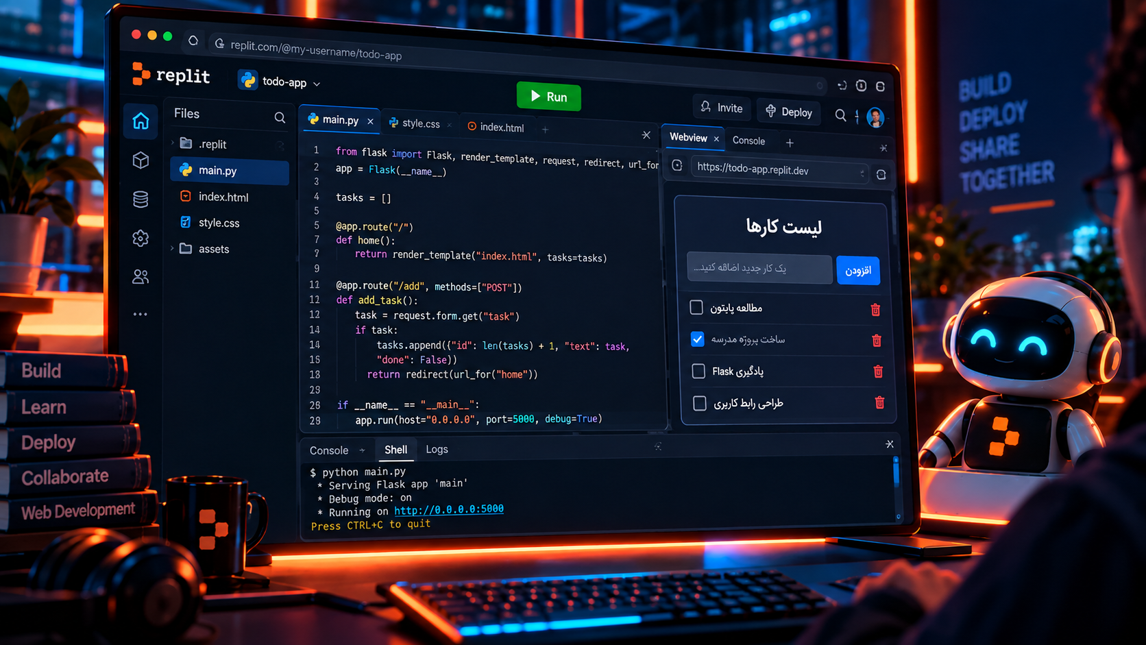 تصویری از محیط Replit برای توسعه یک برنامه وب فهرست کارها که شامل کد پایتون با Flask، فایلهای HTML و CSS، پیشنمایش فهرست کارها، امکان افزودن و علامتگذاری وظایف و اجرای برنامه در محیط Replit است.