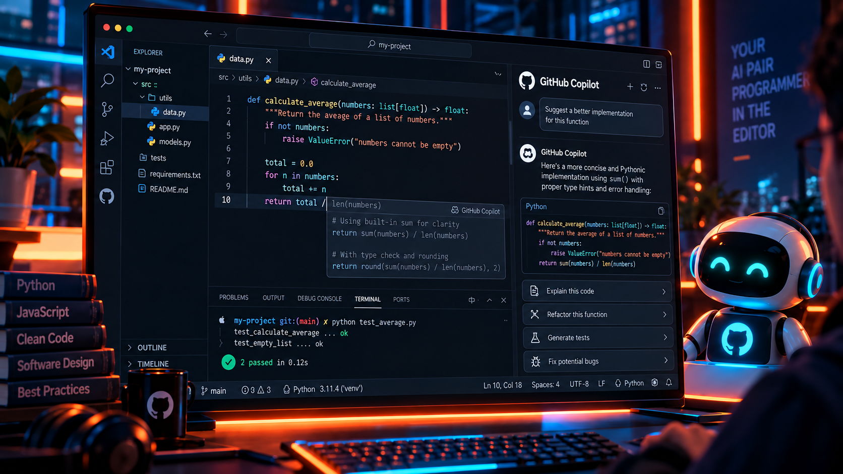 تصویری از محیط Visual Studio Code با افزونه GitHub Copilot برای برنامهنویسی پایتون که در آن کد تابع محاسبه میانگین، پیشنهاد تکمیل و بهبود کد، توضیح کد، بازنویسی تابع، تولید تست و شناسایی خطاهای احتمالی نمایش داده شده و دو تست با موفقیت اجرا شدهاند.