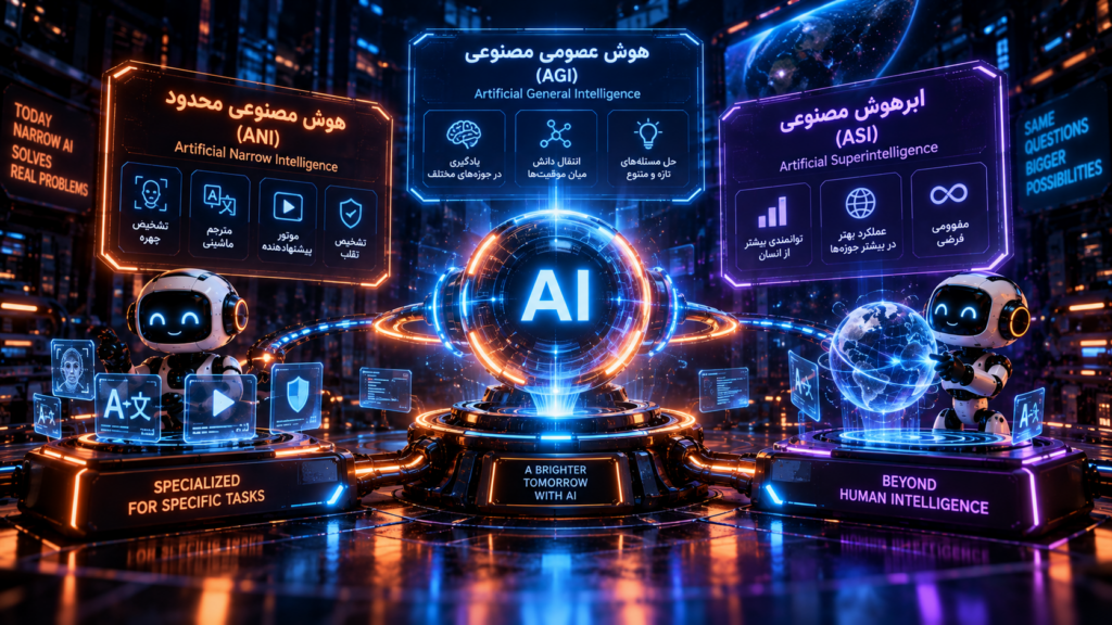 «مقایسه هوش مصنوعی محدود (ANI)، هوش مصنوعی عمومی (AGI) و ابرهوش مصنوعی (ASI)»
