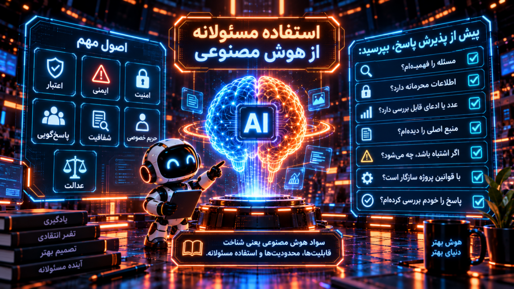 «اصول استفاده مسئولانه از هوش مصنوعی با تأکید بر اعتبار، امنیت، حریم خصوصی، شفافیت و بررسی پاسخ‌ها»