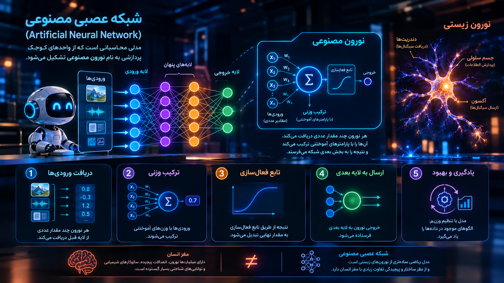 اینفوگرافیک آموزشی شبکه عصبی مصنوعی که ساختار شبکه شامل لایه ورودی، لایههای پنهان و لایه خروجی را نشان میدهد و مراحل دریافت ورودی، ترکیب وزنی، تابع فعالسازی، ارسال به لایه بعدی و یادگیری وزنها را توضیح میدهد؛ در کنار آن تصویری از نورون زیستی و مقایسه شبکه عصبی مصنوعی با مغز انسان دیده میشود.