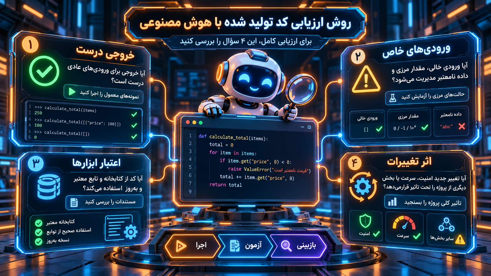 اینفوگرافیک آموزشی درباره روش ارزیابی کد تولیدشده با هوش مصنوعی با تمرکز بر چهار معیار: بررسی خروجی صحیح برای ورودیهای عادی، آزمایش ورودیهای خاص و نامعتبر، اعتبار کتابخانهها و مستندات مورد استفاده، و بررسی اثر تغییرات بر امنیت، سرعت و سایر بخشهای پروژه.