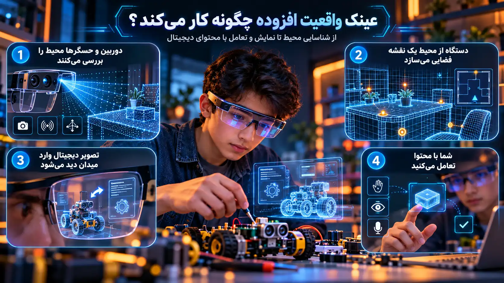 اینفوگرافیک «عینک واقعیت افزوده چگونه کار می‌کند؟» که فرایند شناسایی محیط توسط دوربین و حسگرها، ایجاد نقشه فضایی از محیط، نمایش تصاویر دیجیتال در میدان دید و تعامل کاربر با محتوای مجازی را نشان می‌دهد؛ در مرکز تصویر فردی با عینک واقعیت افزوده در حال کار با یک ربات و مشاهده اطلاعات دیجیتال روی آن دیده می‌شود.